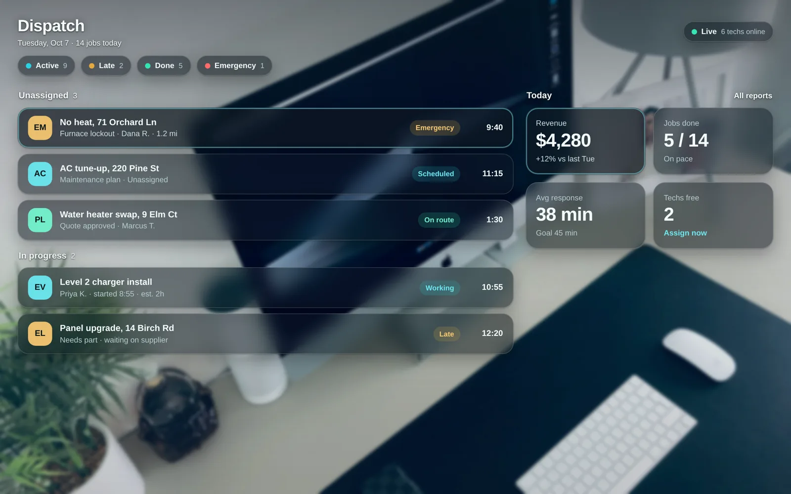 FieldSmith dispatch board with demo data on a tablet: jobs by status, techs online, today's numbers