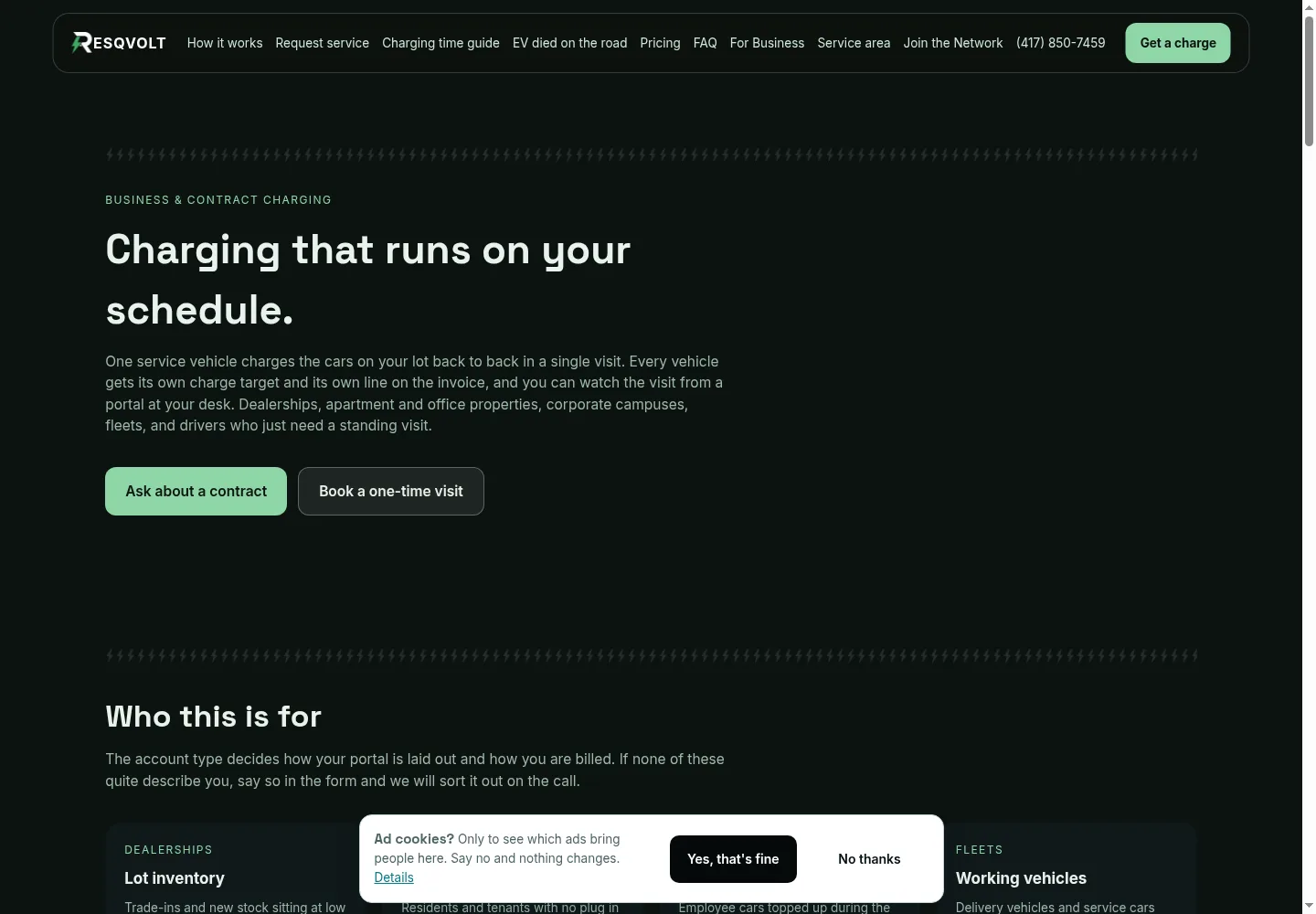 RESQVOLT business page: charging that runs on your schedule, for dealerships, properties and fleets