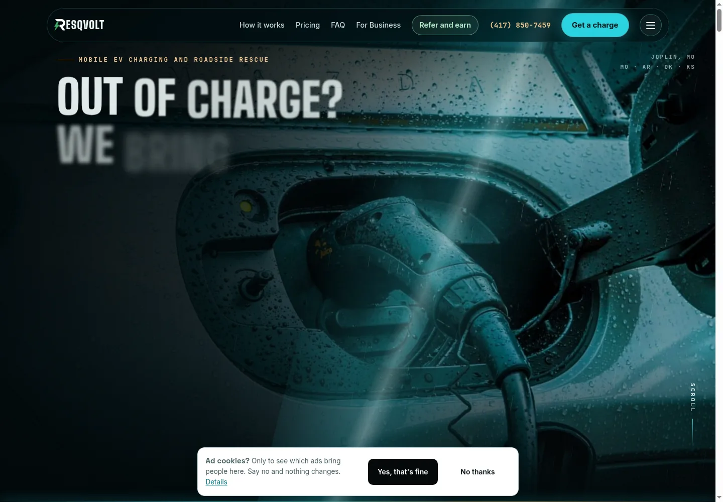 RESQVOLT home page on a laptop: out of charge? Mobile EV charging and roadside rescue, Joplin, Missouri