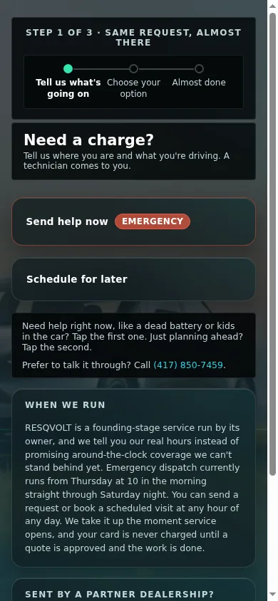 RESQVOLT request page on a phone: step one of three, send help now or schedule for later