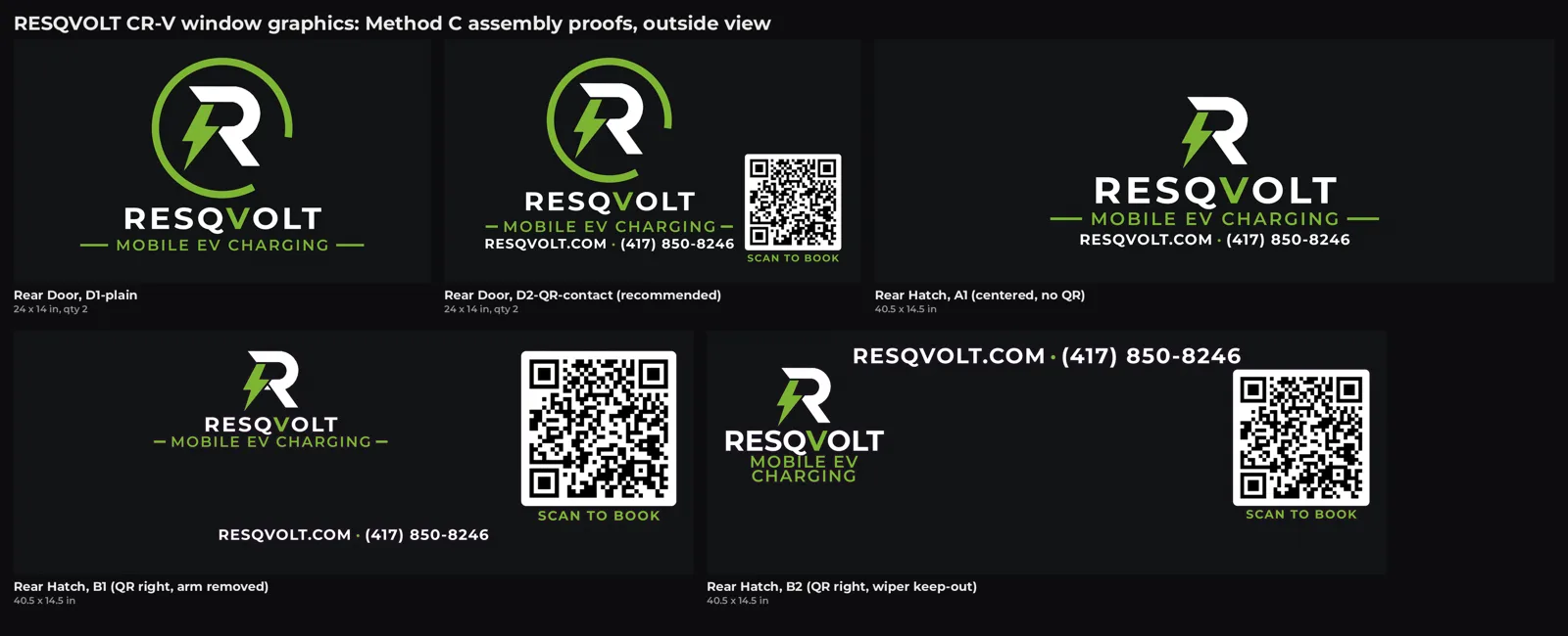 Window graphics proofs for the RESQVOLT service vehicle: RESQVOLT mark, mobile EV charging, QR code to book